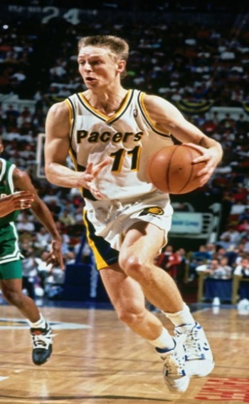 Eauropean Player German Detlef Schrempf on the court jump running with the ball in his left hand